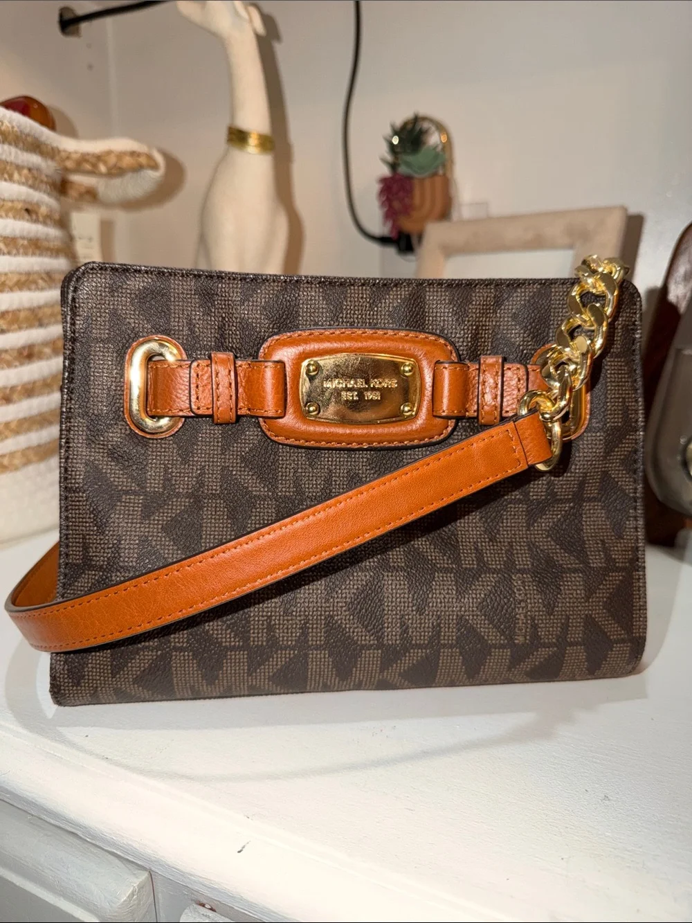 Michael Kors Brown MK Monogram Crossbody with Tan Strap and Gold Hardware